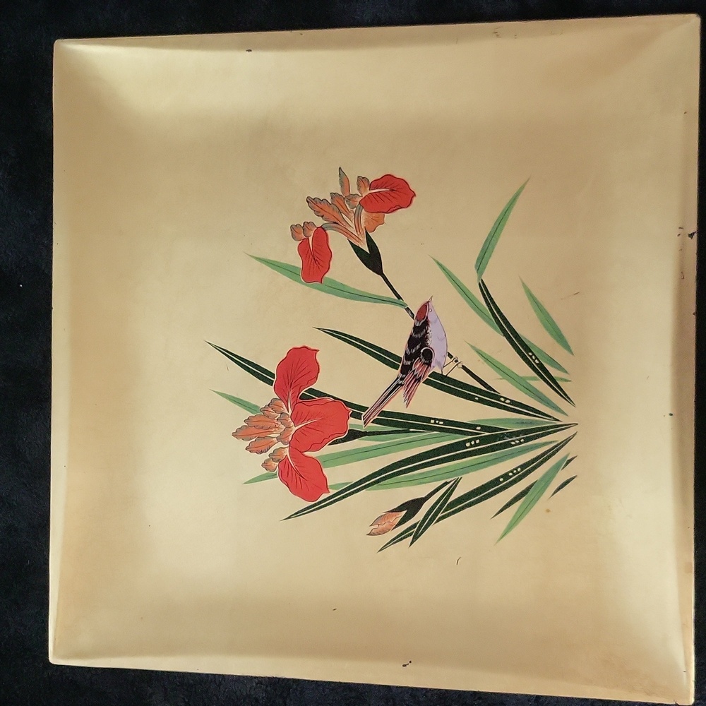 TOYO Yamaji Japan Plate PlatterTray Red Iris & Finch Black Composite Vintage 80s